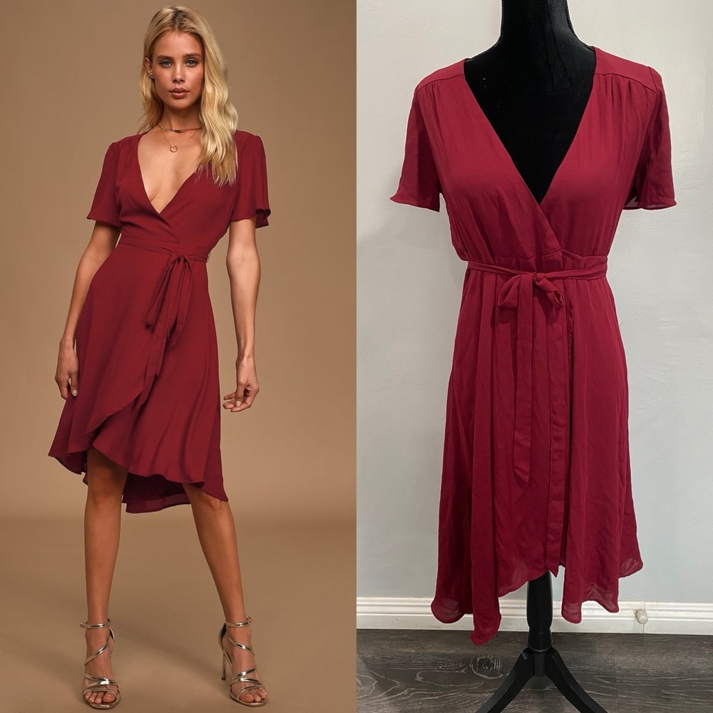 Lulu's Red Flutter Sleeve Wrap Midi Dress - Small NWOT